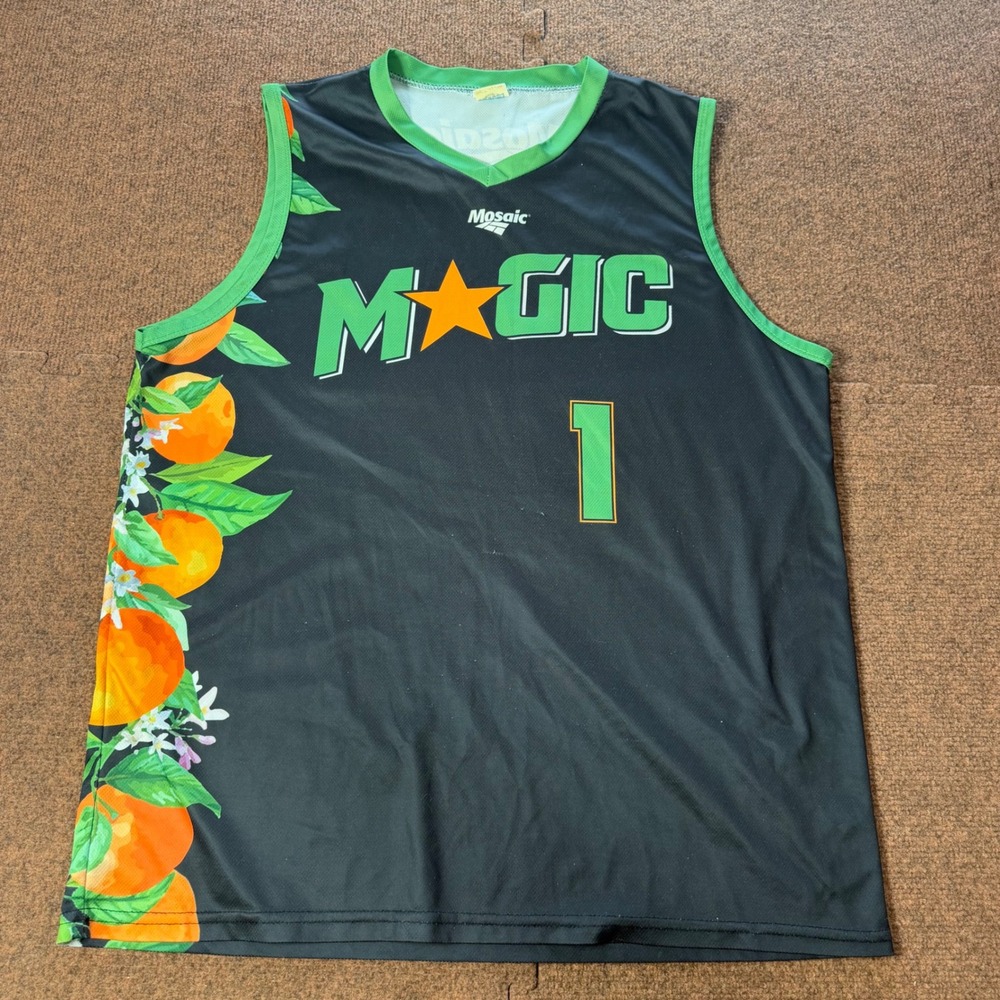 Mosaic Magic Basketball Jersey Mens XL Black Green Orange Citrus Fruit Number 1